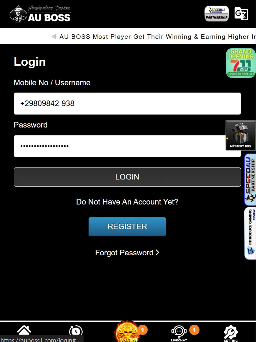 AU Boss casino login screen with mobile number and password fields