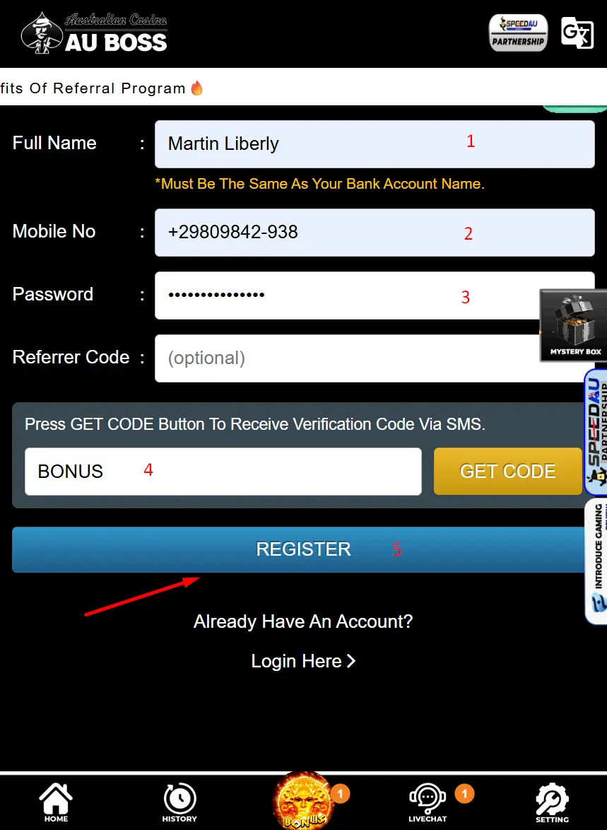 AU Boss casino registration form with name, mobile, password and SMS verification